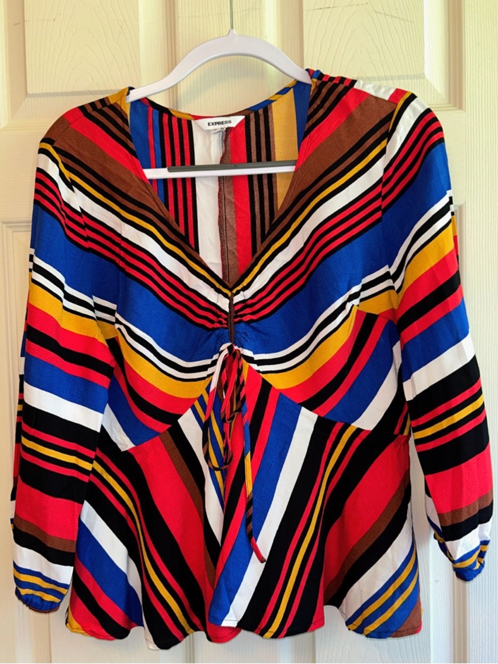 Express V-Neck Tie-Front Striped Blouse in Blue, Red, Yellow & Black